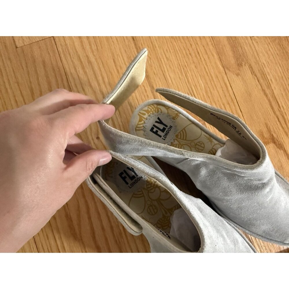 Fly London womens EU 39 US 8 8.5 Yone Peep Toe suede leather wedge heels beige - Picture 10 of 11